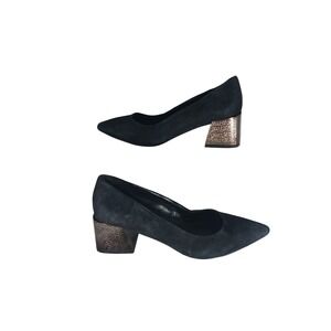 Bleecker & Bond Yasmine Black Suede Metallic Block Heel Pumps Womens 6.5M